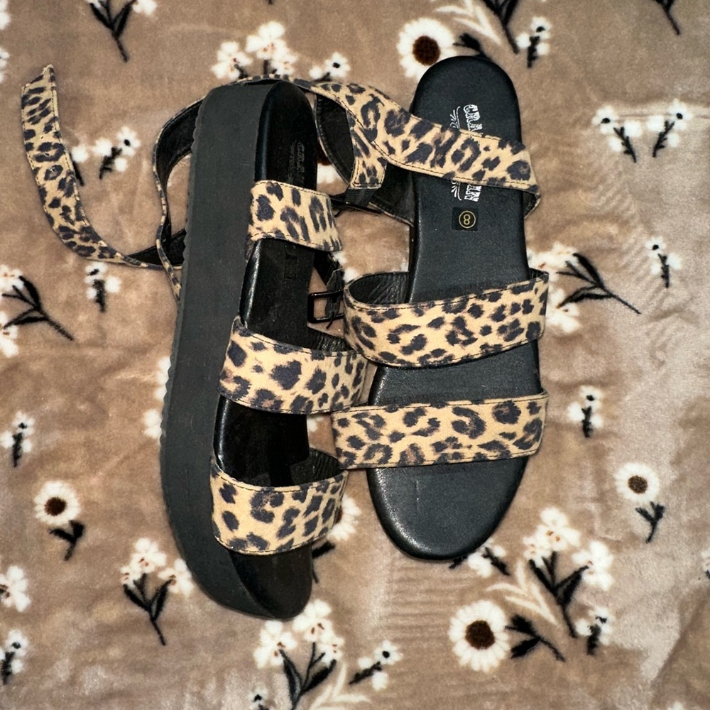 Crazy Train Brown and Black Sandals with Leopard Print Straps